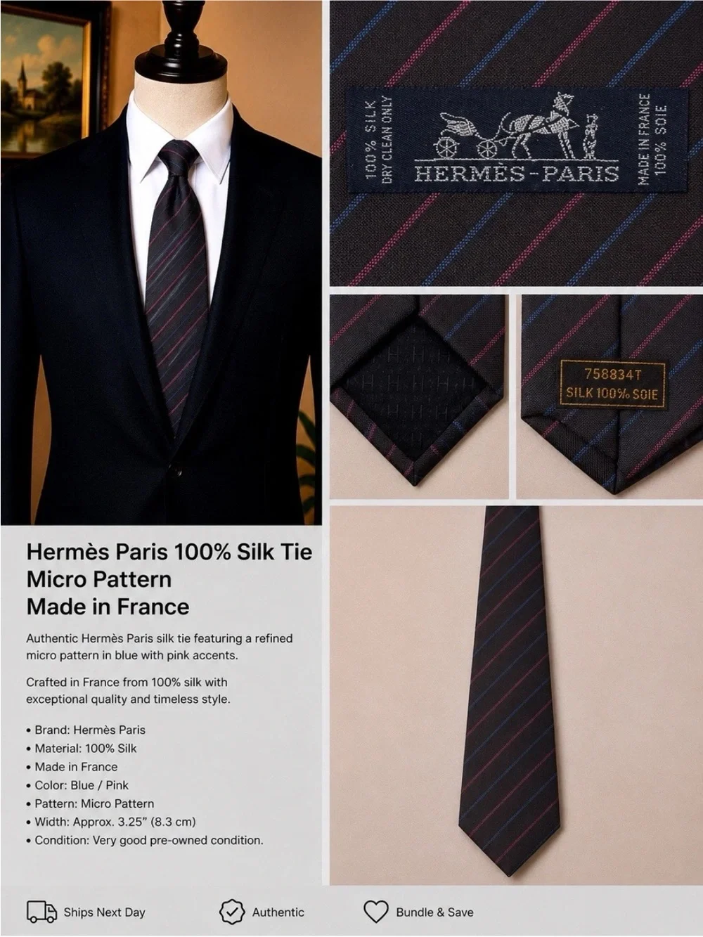 Hermès Navy Silk Tie with Pink & Blue Micro-Stripe